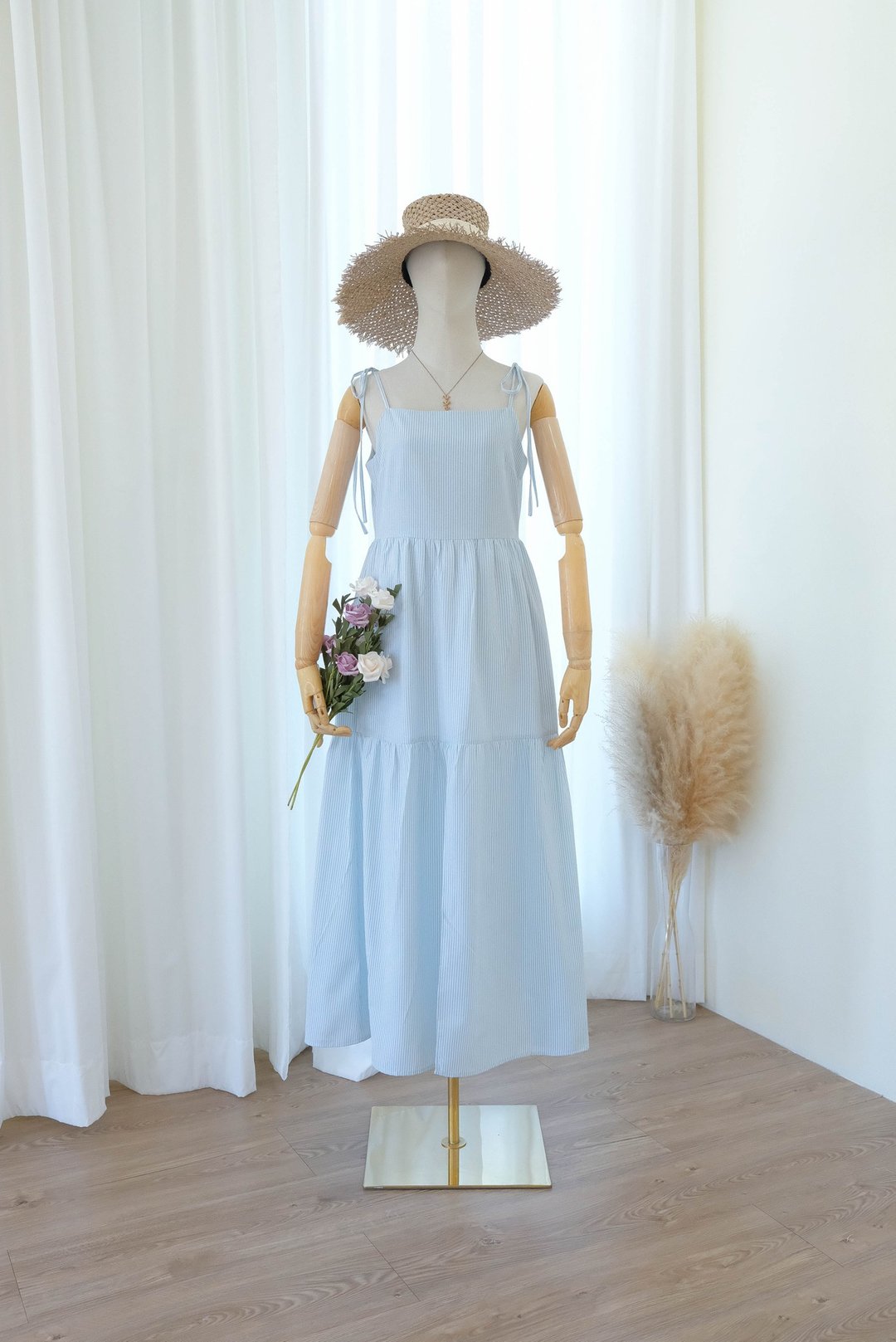Mint blue white striped cotton summer sundress maxi party vintage dress - 洋装/连衣裙 - 棉 蓝色