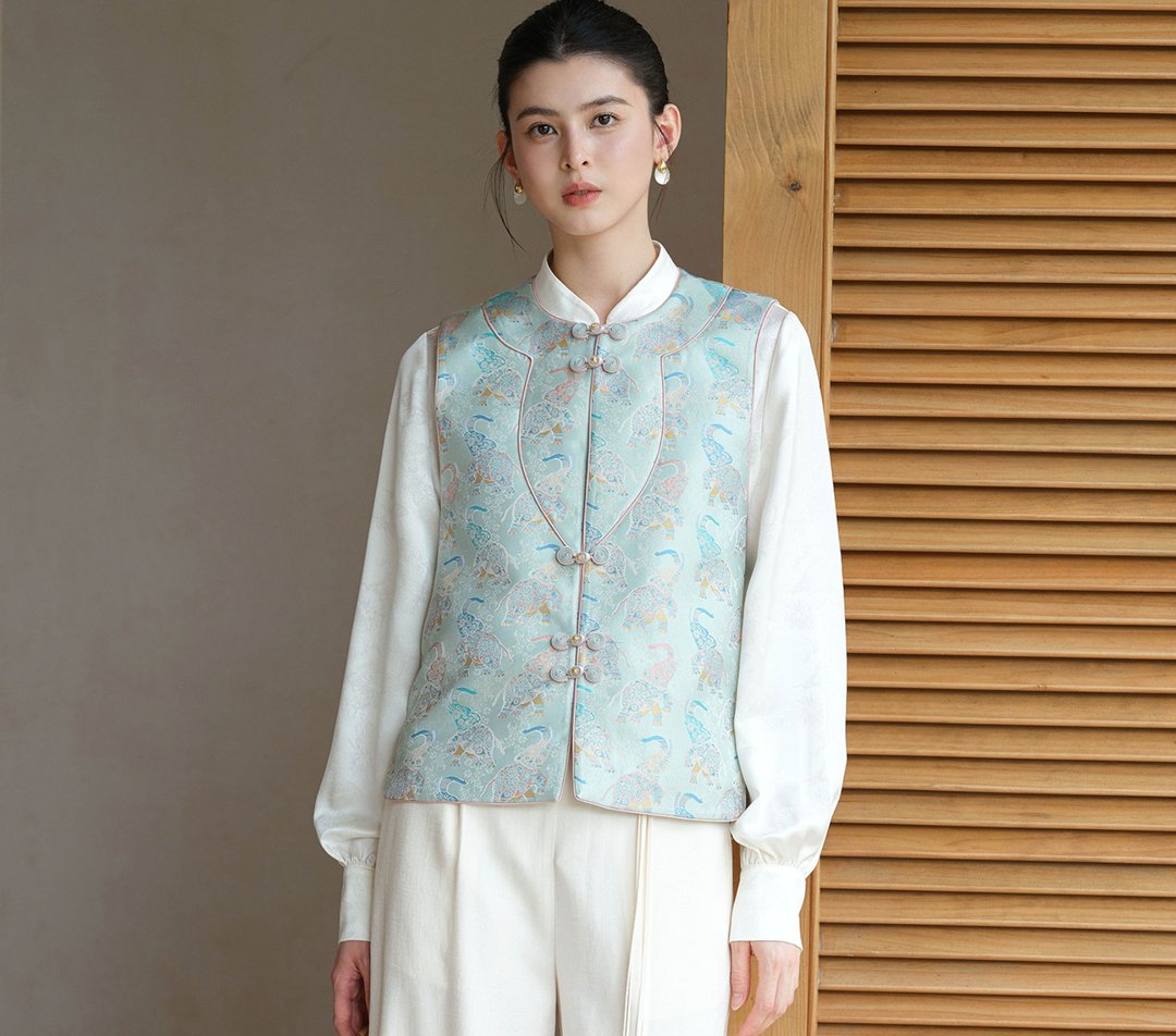 【仿宋锦提花】新中式复古中国风 对襟盘扣背心 - 女装背心 - 其他材质 蓝色