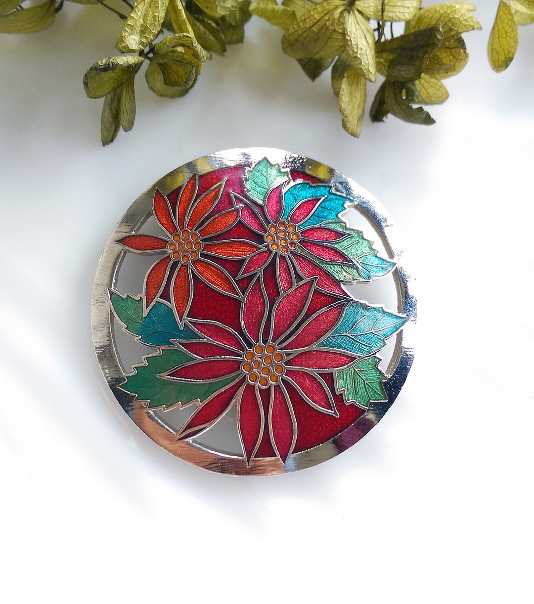 Vintage Jewelry 景泰蓝风格 红花 花卉 大别针 胸针 - 徽章/别针 - 其他材质 金色