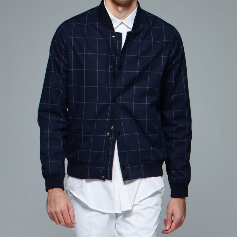 Stone'As Plaid MA1 In Navy / 深蓝色 窗格MA-1 格纹 格子 外套 - 男装外套 - 棉．麻 蓝色
