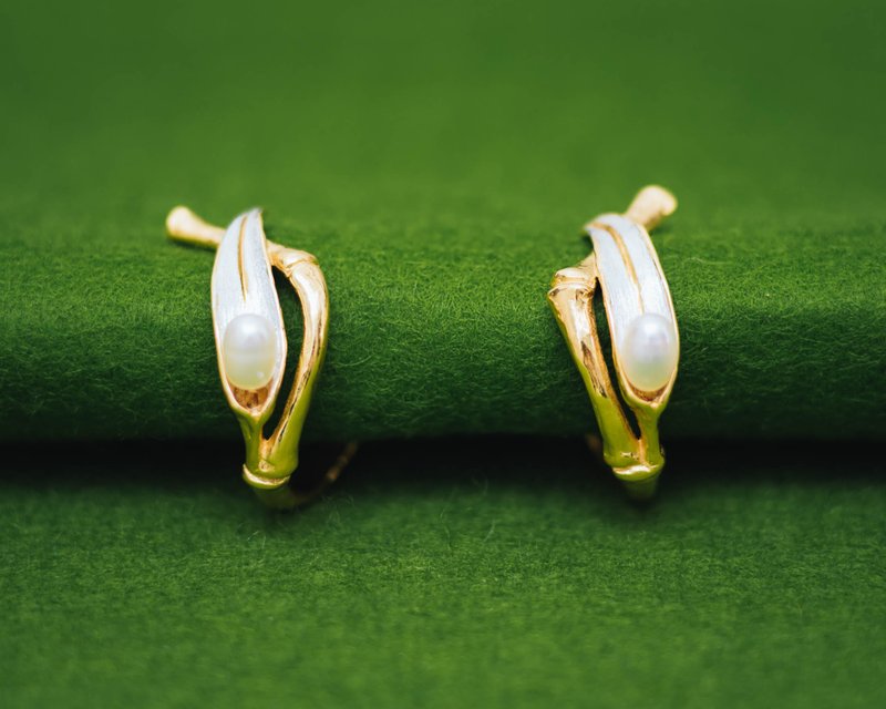 Classic Bamboo earrings (pearl) - Pearl earrings - Gift for mom - 耳环/耳夹 - 银 金色