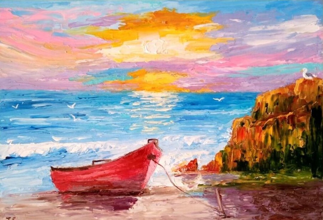 红船海景 已裱框油画 13x18 厘米 - 墙贴/壁贴 - 其他材质 