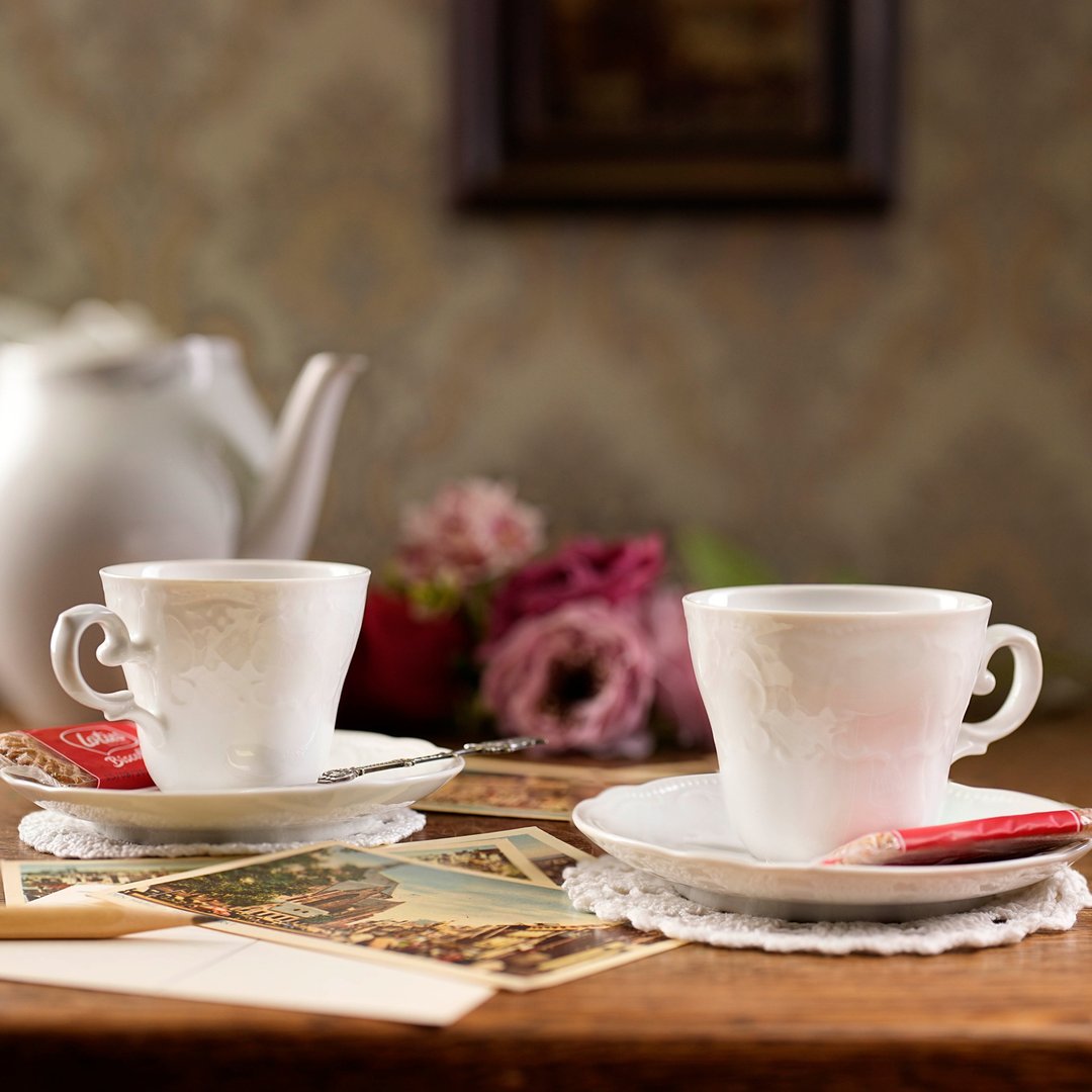 德国Seltmann Weiden纯白蕾丝浮雕茶杯组/复古咖啡杯/老件 - 茶具/茶杯 - 瓷 白色