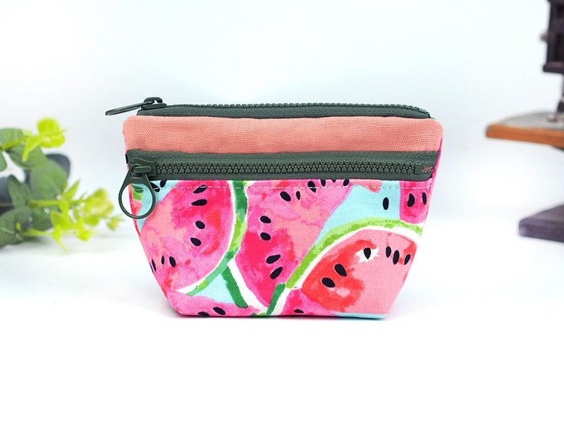 手作布包 口袋零钱包 双层拉链 小收纳包 绿色【爱恋西瓜】【BG-03】 - 零钱包 - 棉．麻 绿色
