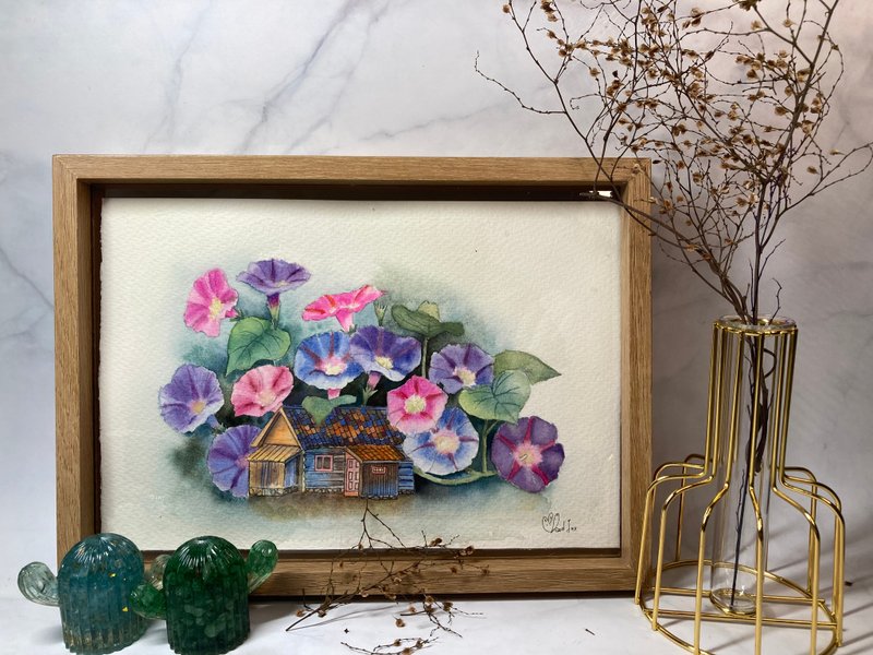 水彩原画/居家摆设/牵牛花与小屋 - 海报/装饰画/版画 - 纸 白色