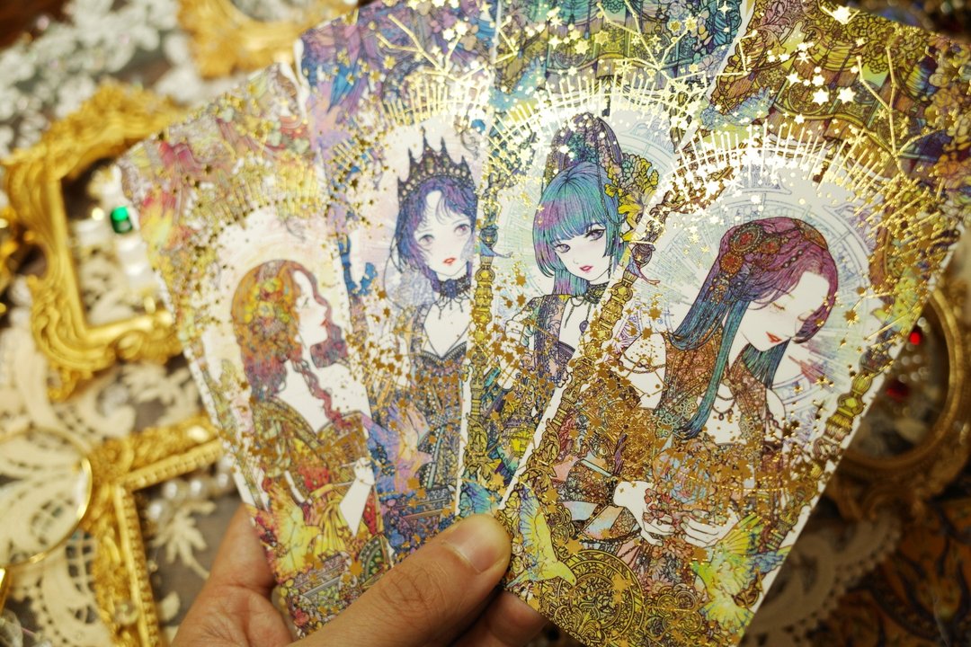 烫金插画女孩书签 (libet) 双面明信片吊牌书夹 - 书签 - 纸 金色