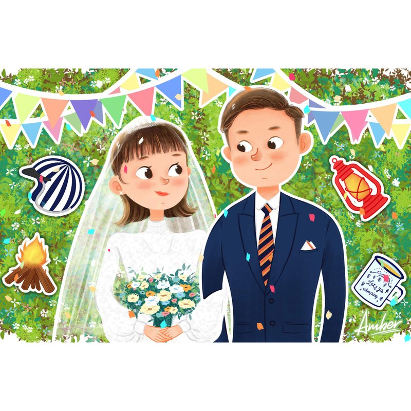 记录新婚时刻 手绘插画 定制似颜绘 婚纱照 绘本风格 新婚礼物 - 电子手绘真人画像/绘画/插画 - 其他材质 