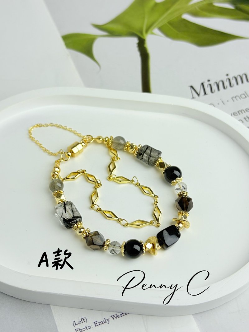 随形黑发晶 双链手链 黑碧玺 拉长石 茶晶 稳定磁场 防小人 消除 - 手链/手环 - 水晶 