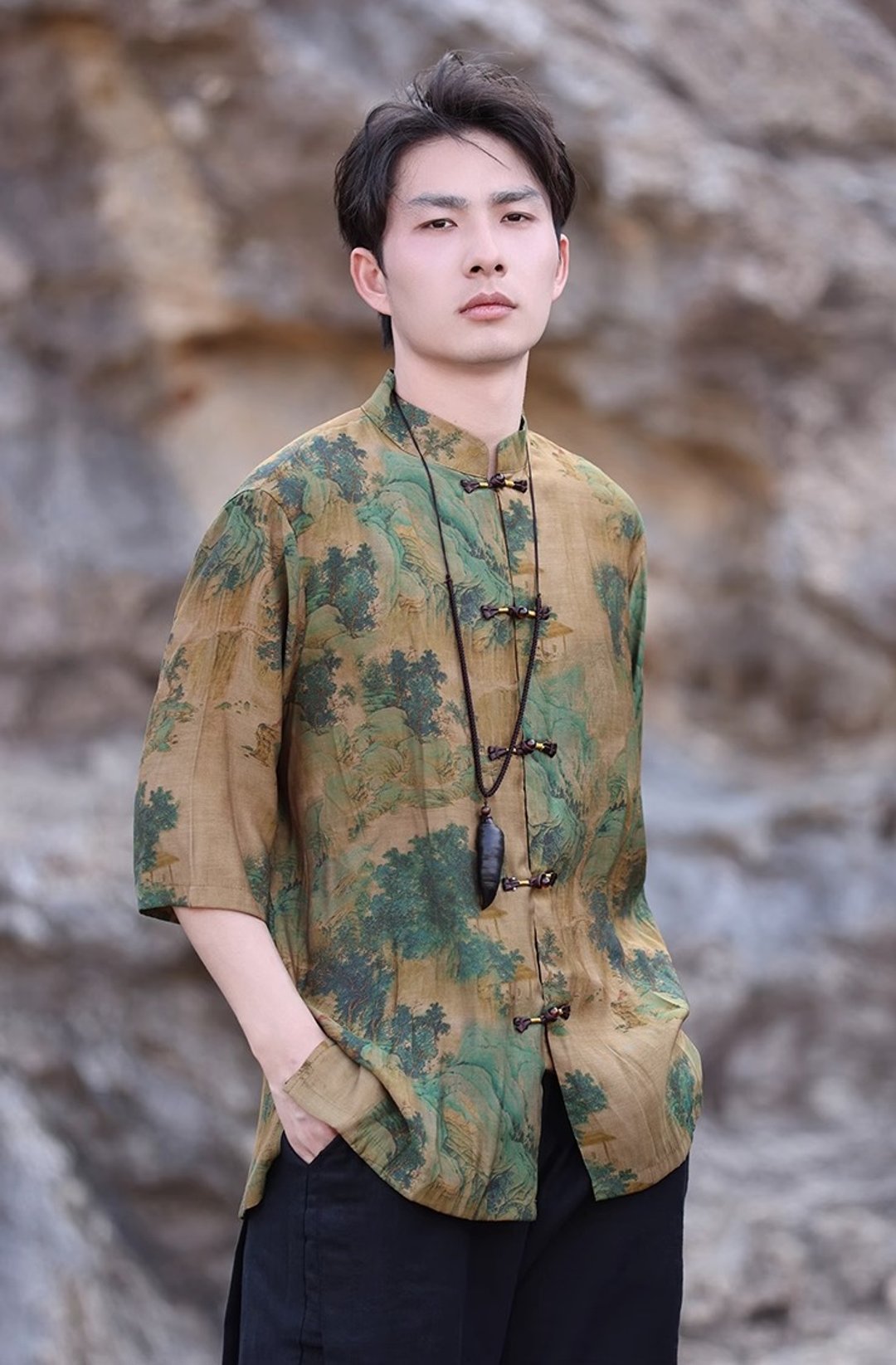 新中式复古 山水印花寬鬆短袖衬衫 - 男装衬衫 - 其他材质 多色
