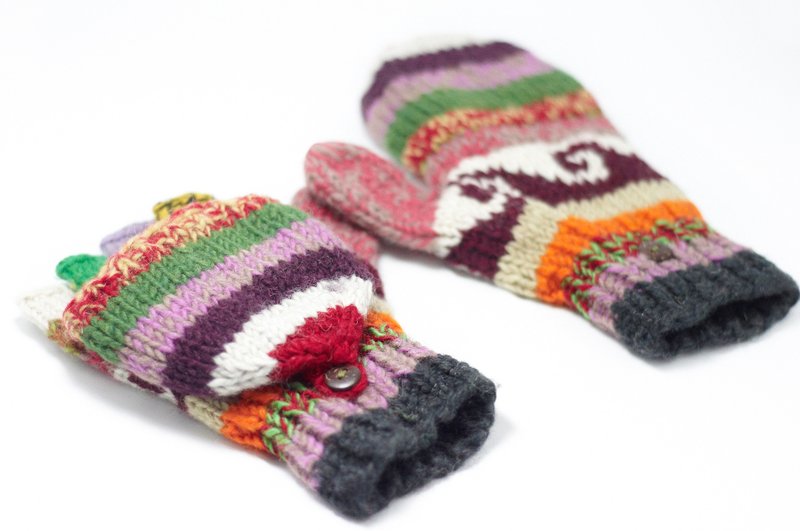 情人节 手工限量针织纯羊毛保暖手套 / 2ways手套 / 露趾手套 / 内刷毛手套 / 针织手套 - 东欧拼接色民族图腾 - 手套 - 其他材质 多色