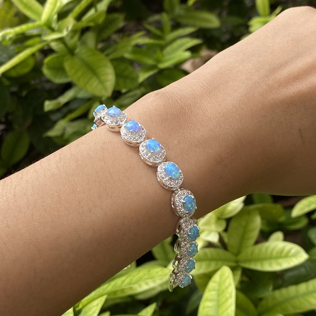 Victorian Style Light Blue Gilson Opal & CZ Tennis Bracelet 925 Sterling Silver - 手链/手环 - 纯银 蓝色