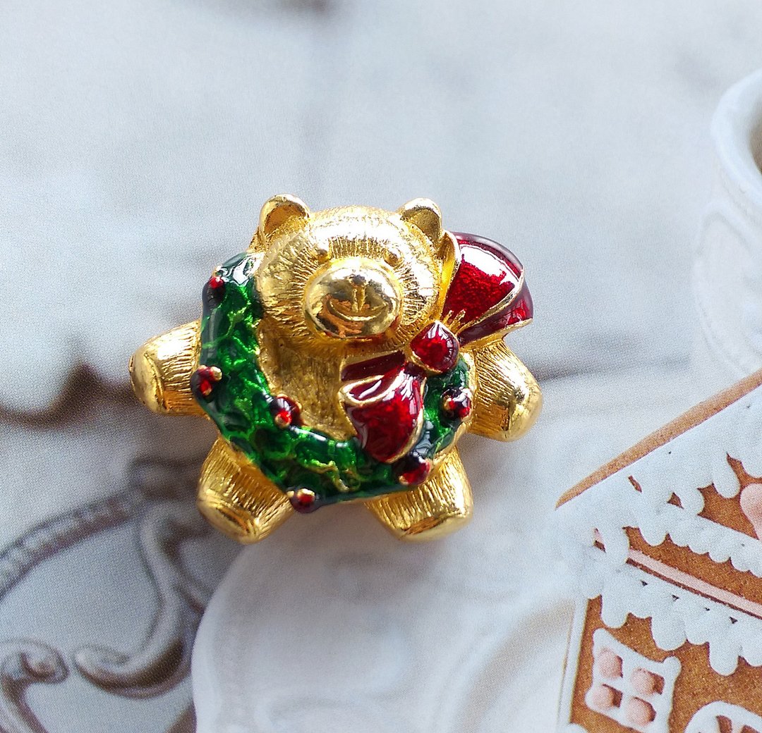 Vintage Jewelry 圣诞节首饰  圣诞花圈 可爱胖熊 别针 胸针 - 徽章/别针 - 其他材质 金色
