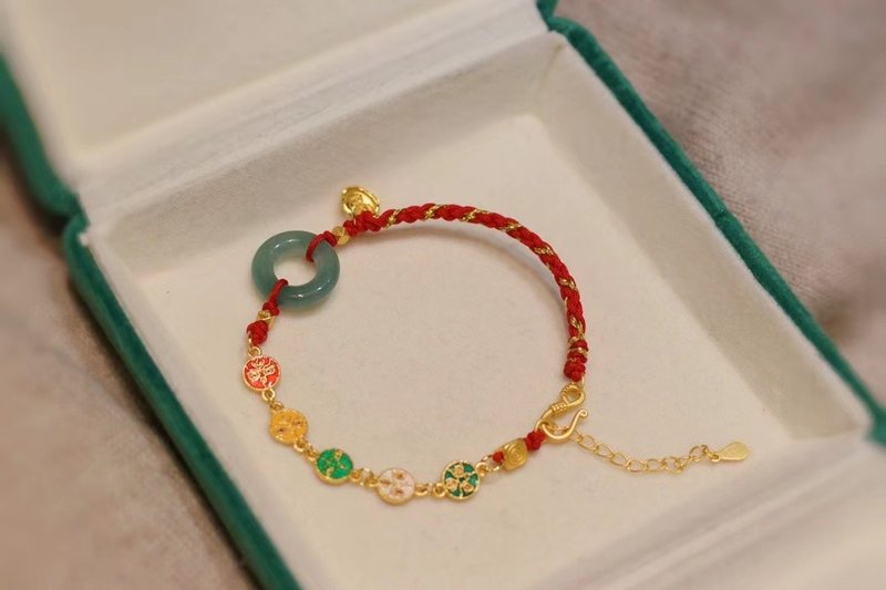国风原创五路财神搭配翡翠平安扣手工红绳手链 - 手链/手环 - 半宝石 