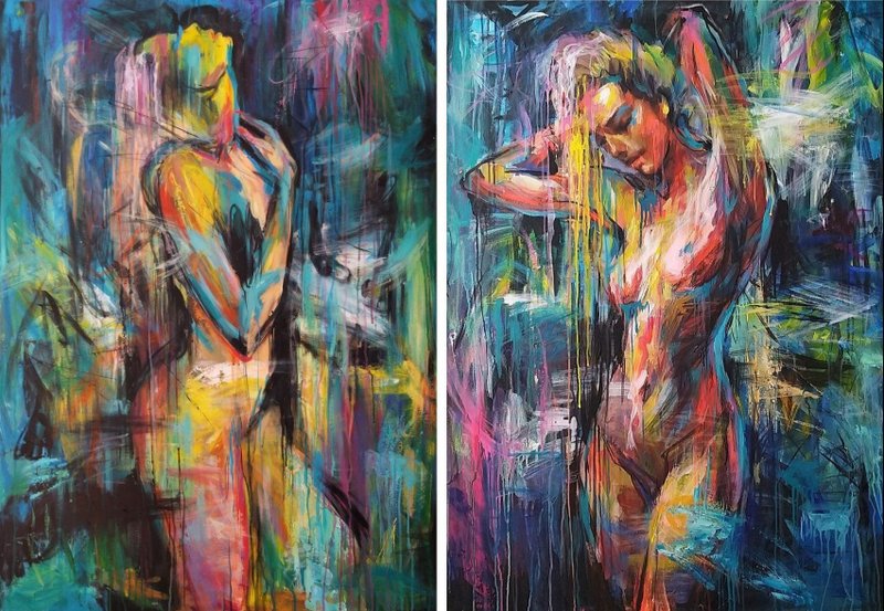 大号大胆多彩女性抽象现代墙艺术套装 2 件帆布艺术 - 墙贴/壁贴 - 压克力 多色