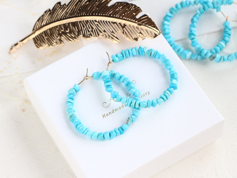 14kgf- sleeping beauty turquoise hoop pierced earrings - 耳环/耳夹 - 贵金属 蓝色