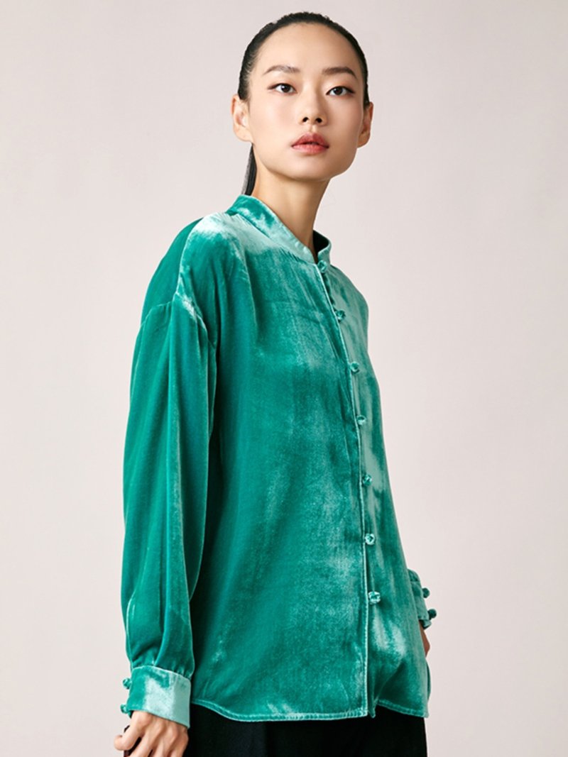 怀璧/真丝蚕丝复古 中国风唐装衬衫 - 女装衬衫 - 聚酯纤维 绿色