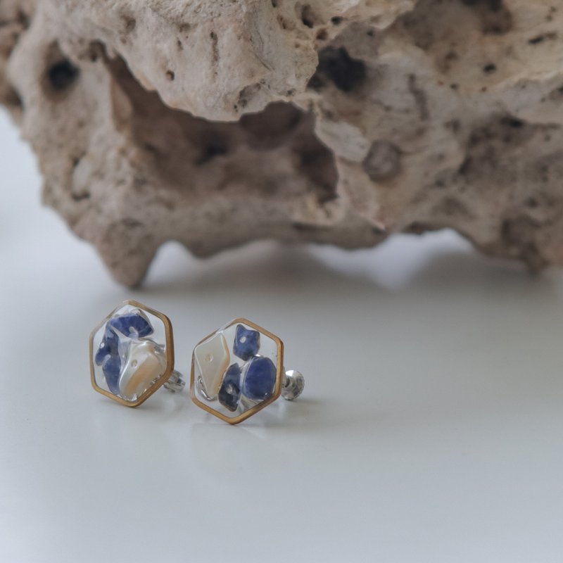 天然石树脂耳环-午夜/耳针/夹式/可定制 - 耳环/耳夹 - 树脂 蓝色