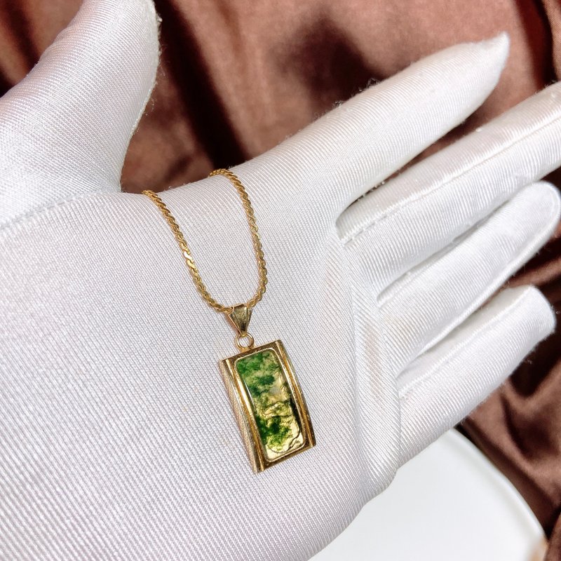 【西洋古董饰品】天然石水草玛瑙维水晶质感k金唯美镶框优雅 项链 - 项链 - 贵金属 绿色
