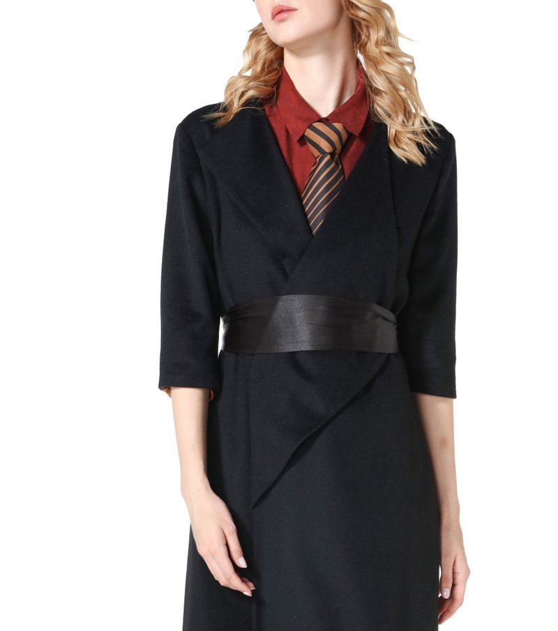 亮黑色单面山羊绒大衣 领悟 含山羊绒腰带1条 和香云纱腰带1条 - 女装休闲/机能外套 - 羊毛 黑色