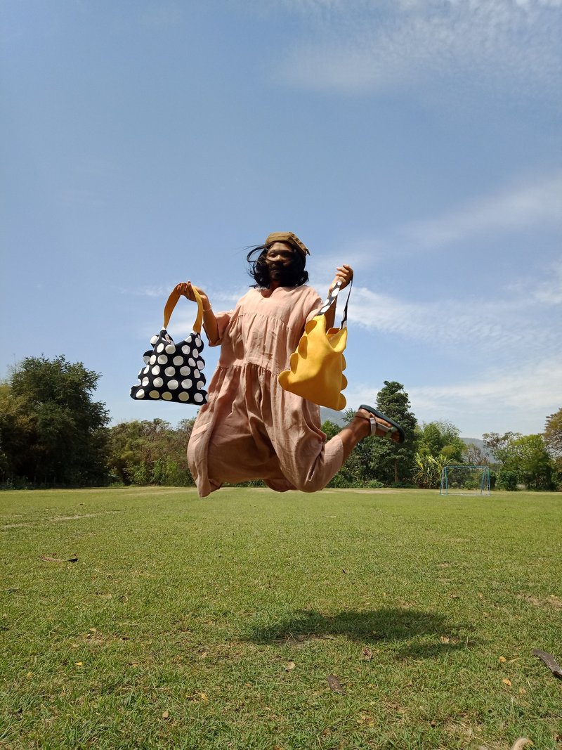 花形托特包棉质波点印花和亚麻芥末色 - 手提包/手提袋 - 棉．麻 黄色