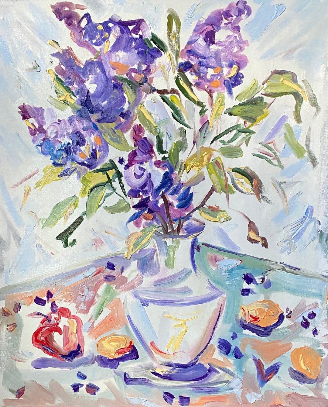 丁香和水果 苹果和杏 食物和花卉绘画 布面油画 野兽派马蒂斯风格 - 墙贴/壁贴 - 其他材质 紫色