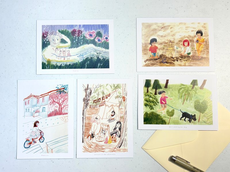 插画明信片五入套组-家 - 卡片/明信片 - 纸 