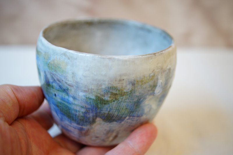 手捏粉引斑斓 日式茶杯 220 ml  陶杯 汤吞杯 主人杯 猪口杯 - 茶具/茶杯 - 陶 蓝色