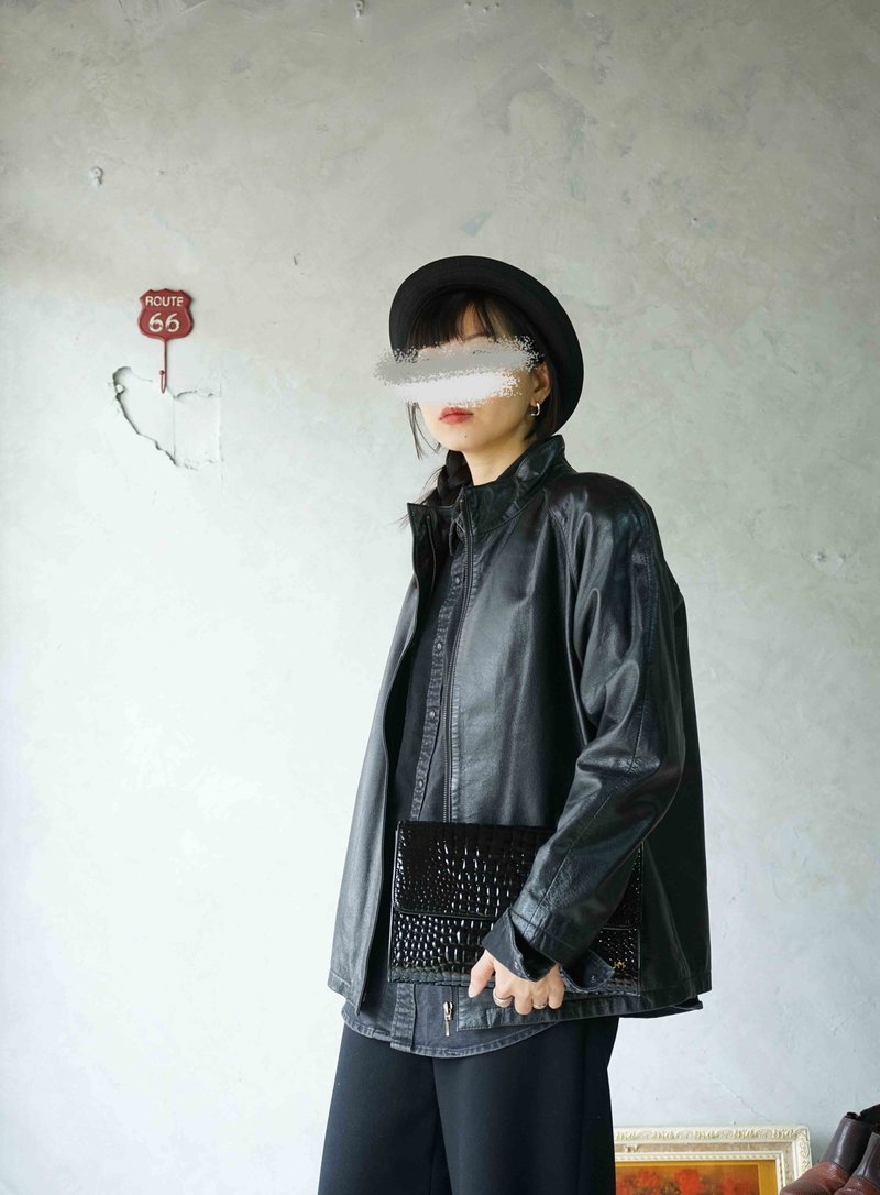 寻宝古着-个性黑色牛革中性立领皮衣外套 - 女装休闲/机能外套 - 真皮 黑色