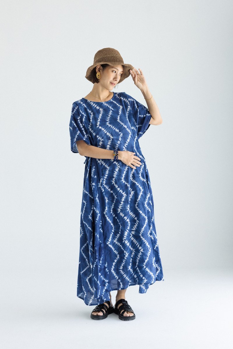 印度手染布后绑带洋_shibori蓝 - 洋装/连衣裙 - 棉．麻 蓝色