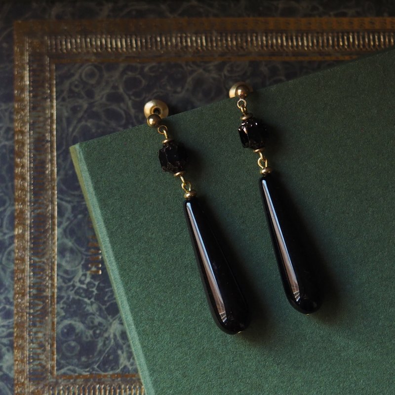 古典长水滴玛瑙垂坠耳环 - 耳环/耳夹 - 铜/黄铜 金色