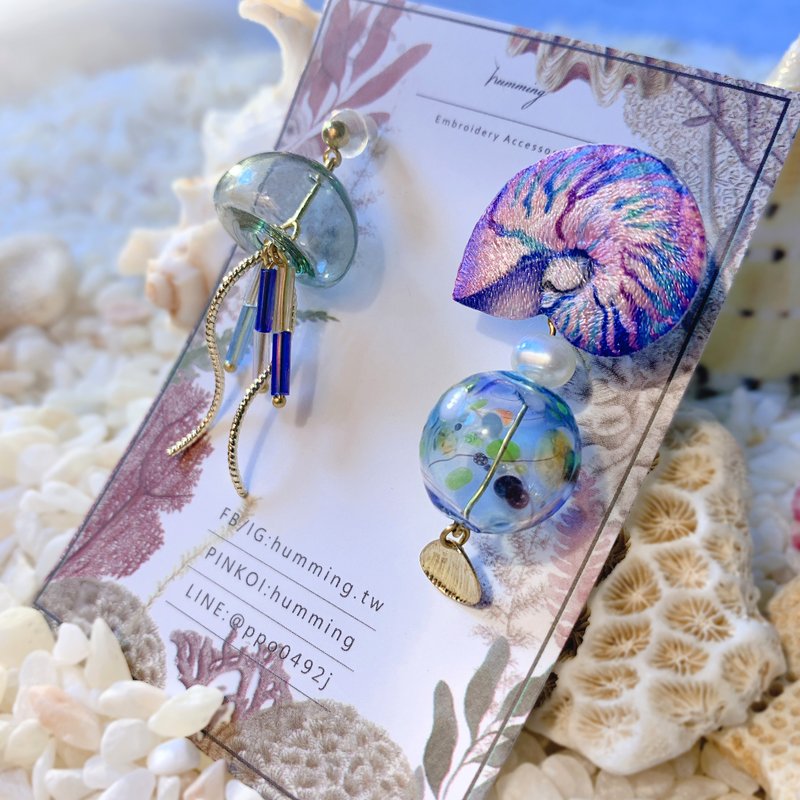 耳环 鹦鹉螺/水母 刺绣 手工 琉璃 珍珠 耳夹 礼物 生日 情人节 - 耳环/耳夹 - 绣线 多色