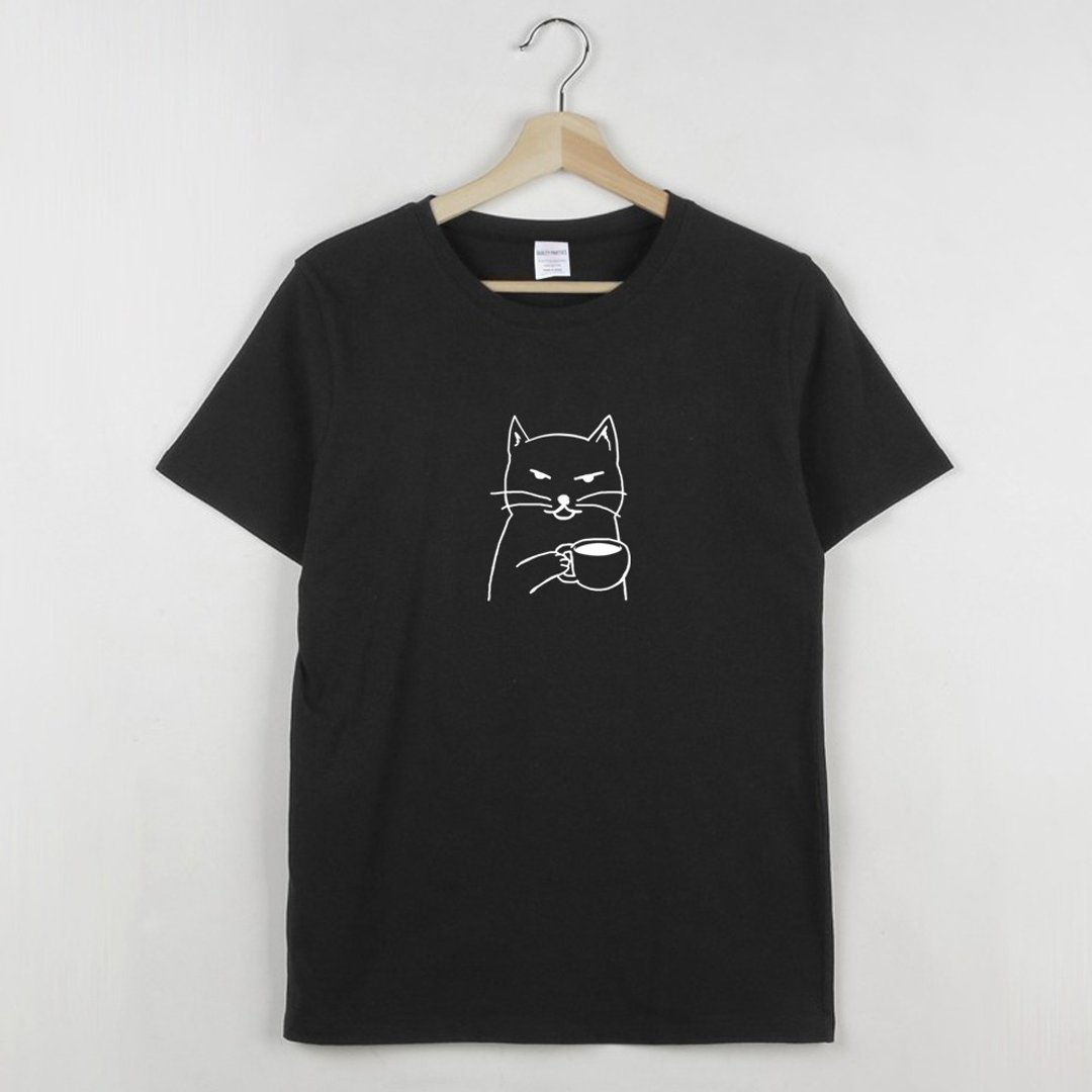 Cat Coffee 中性短袖T恤 黑色 猫咪咖啡狗趣味猫之日礼物文青 - 女装 T 恤 - 棉 黑色