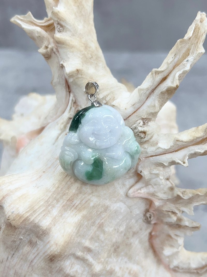 弥勒佛玉石坠 A货 天然缅甸翡翠 白K金 K375 - 项链 - 玉石 