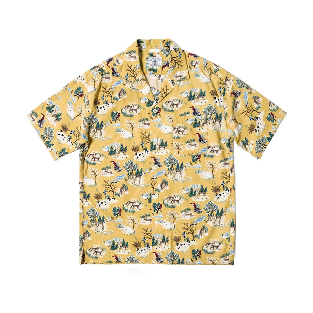 ISLAND SCOUTS 全棉复古夏威夷衬衫 - 森林动物印花 - 男装衬衫 - 棉 黄色