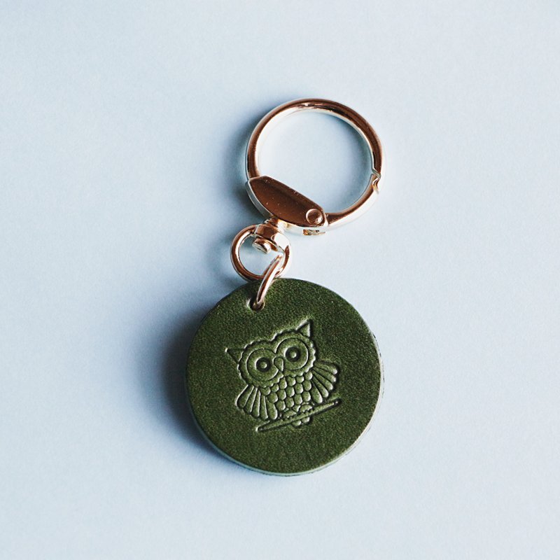 猫头鹰雕刻真皮钥匙圈 绿色, Fukurou, 猫头鹰 - 吊饰 - 真皮 绿色