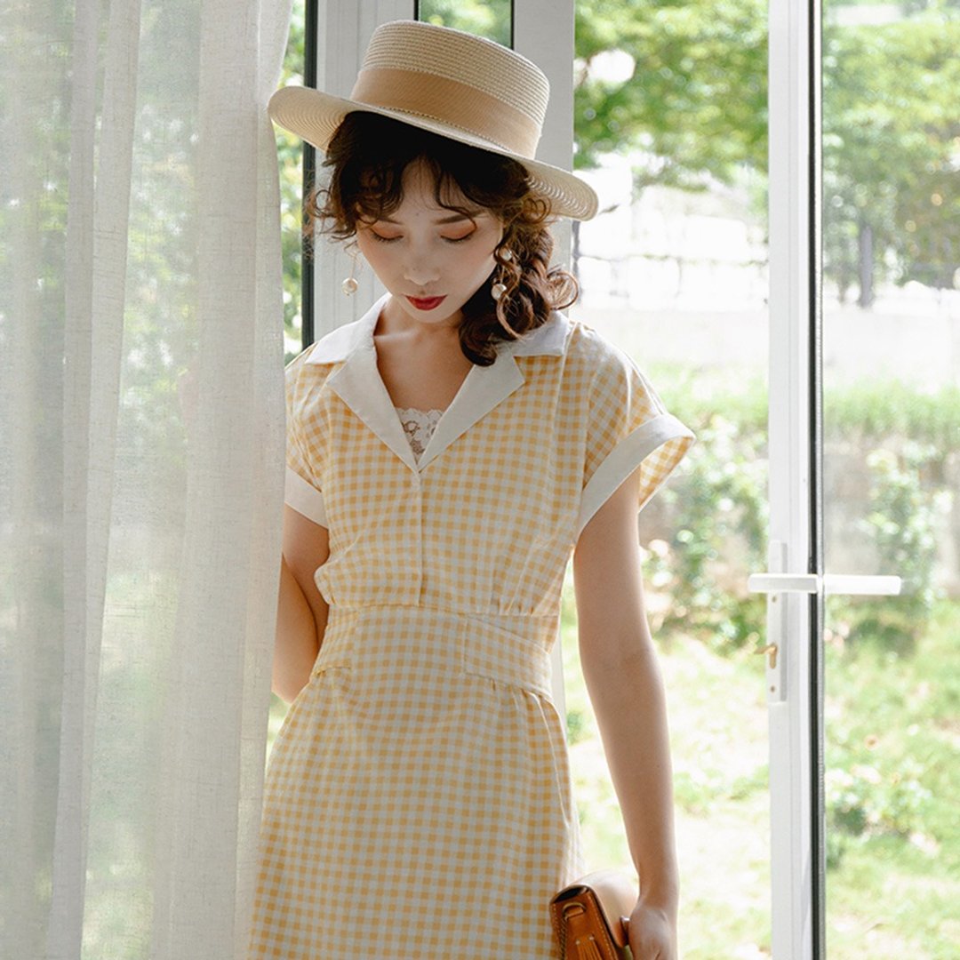【清仓满减】安妮陈 2019女装夏季穿搭 撞色格纹短款连身裙92917 - 洋装/连衣裙 - 其他材质 