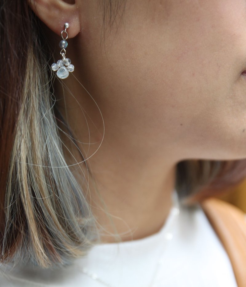 月亮石加拉长石喵星人粉肉球 925 纯银 耳环 Cat paw shape Moonstone and Labradorite 925 silver earring - 耳环/耳夹 - 宝石 透明
