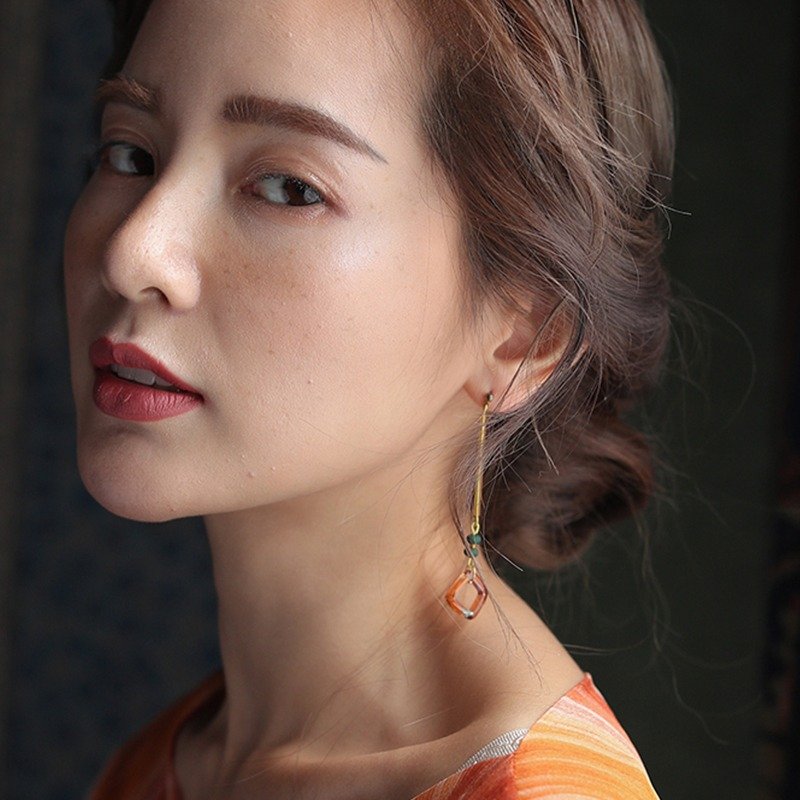 切面水晶 玻璃黄铜长耳环 橘铜色 - 耳环/耳夹 - 其他金属 橘色