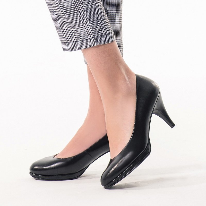 7.5CM 黑色高跟鞋 全真皮素面百搭 - 高跟鞋 - 真皮 黑色