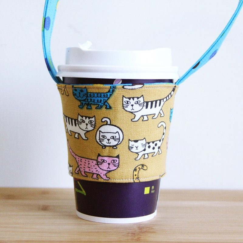 文青风环保手提杯袋~转角爱上猫 卡奇黄 手工双面 环保饮料袋 吸水 手摇杯 咖啡提袋  杯套 交换礼物 - 随行杯提袋/水壶袋 - 棉．麻 卡其色
