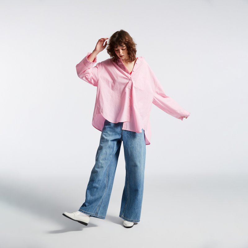 10 MOOn 芭比粉折皱荷叶宽袖衬衫 - 女装衬衫 - 棉．麻 粉红色