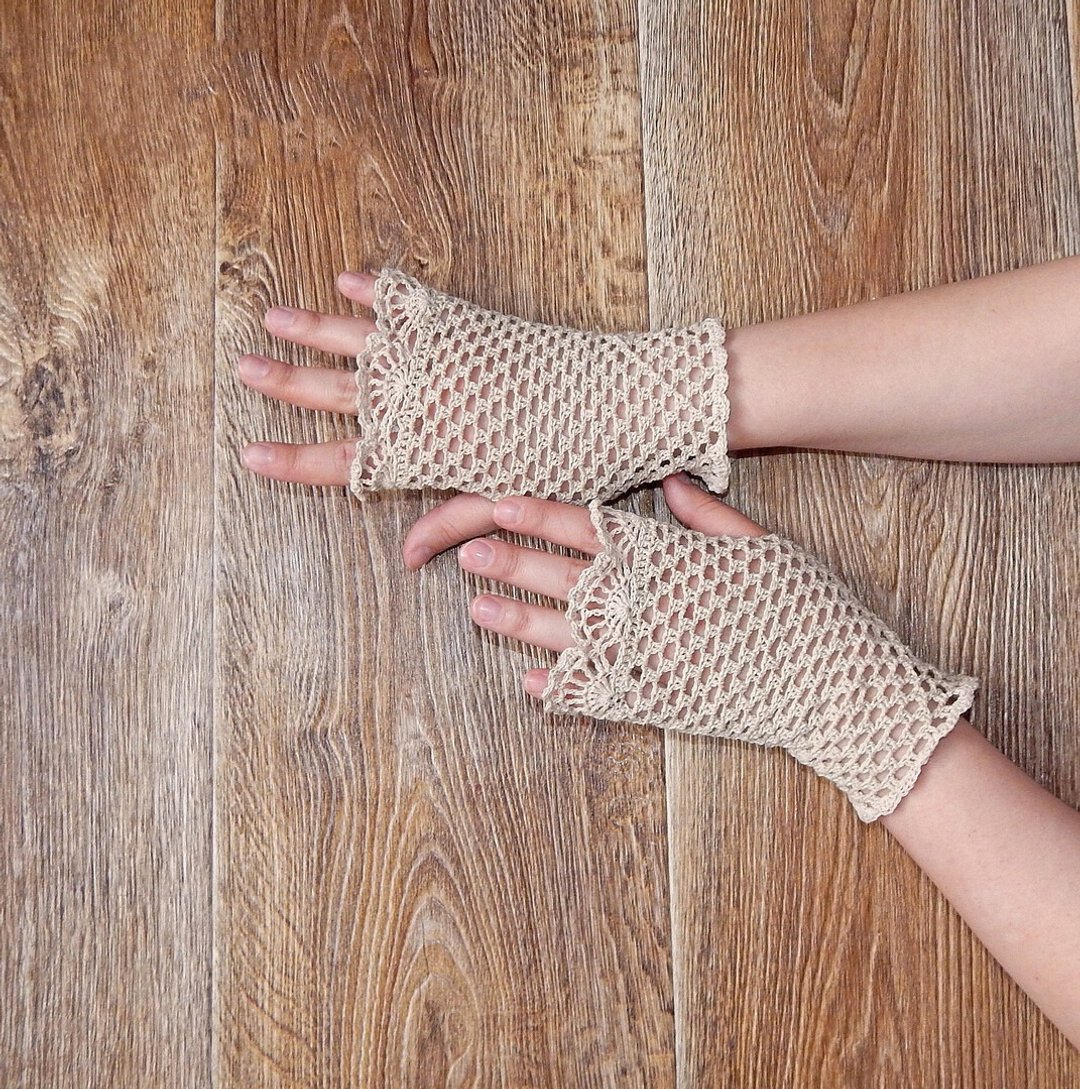 Wedding gloves Crochet Cotton Cottagecore fingerless gloves Victorian Lace glove - 手套 - 棉 卡其色