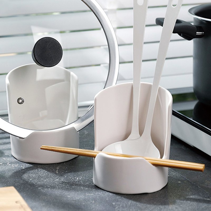 日本霜山 日式陶瓷多功能汤勺/锅盖架 (可放饭匙/筷子/漏勺) - 厨房用具 - 陶 白色