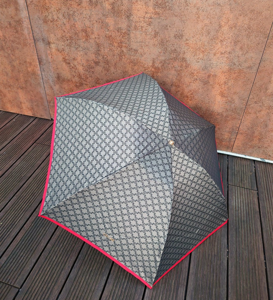 中古美品 CELINE 黑灰红 凯旋门老花 双人折叠雨伞 雨遮 附保护套 - 其他 - 防水材质 黑色