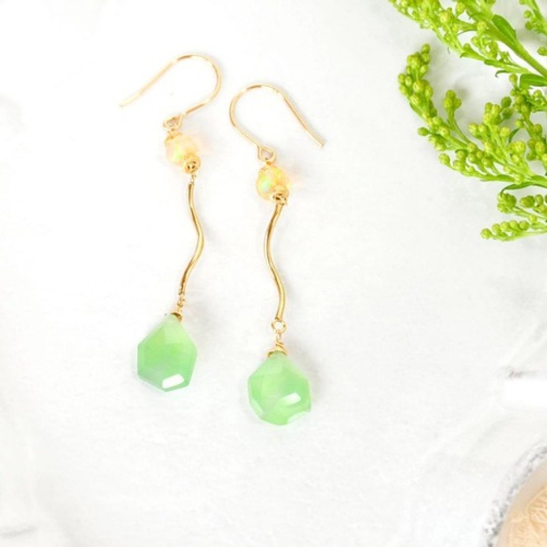 14kgf/serpentine x precious opal wave line earrings - 耳环/耳夹 - 宝石 