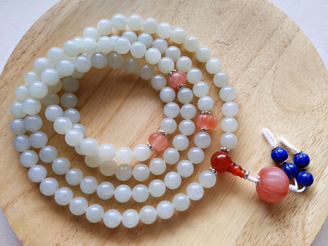 ORLI Jewelry 天然新疆和阗玉籽料白玉108颗念珠 和田玉白玉籽料 - 项链 - 宝石 白色