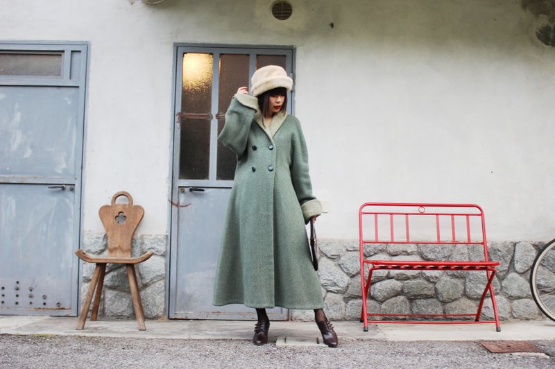 F3060[Vintage外套]意大利制绿色之森典雅腰身伞状设计羊毛大衣外套 - 女装休闲/机能外套 - 羊毛 绿色