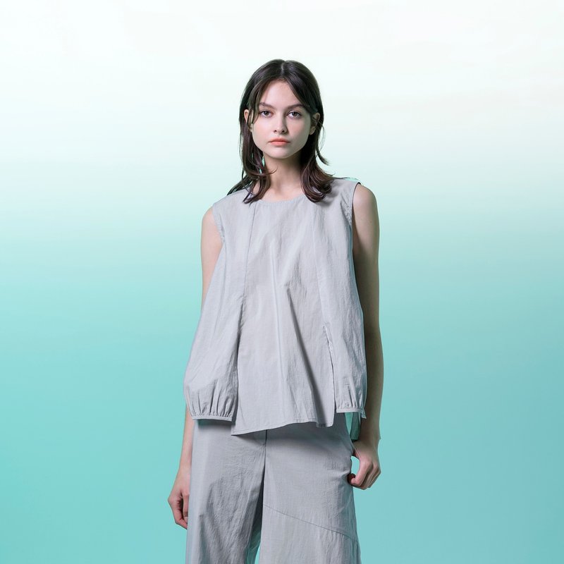 不规则开衩无袖上衣 - 女装背心 - 棉．麻 灰色