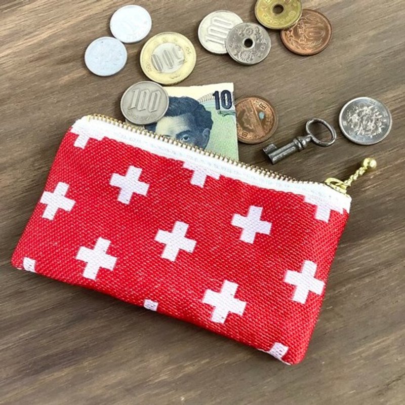 【十字图案】叠缘 扁平迷你小包 零钱包 卡片夹 红色 北欧 风格图案 - 化妆包/杂物包 - 其他材质 红色
