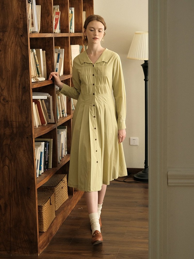 MintCheese 秋冬 法式复古海鸥领 vintage感古典风琴褶 连衣长裙 - 洋装/连衣裙 - 其他材质 绿色